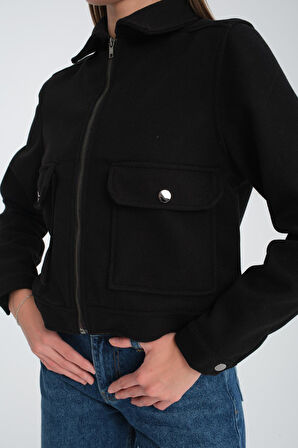 Kadın Siyah Kaşe Ceket - Fermuar Detaylı, Günlük Kullanım