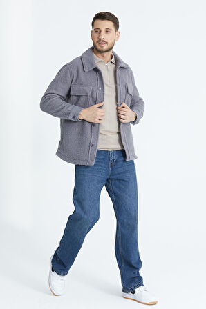 %100 Pamuk, Gömlek Yaka, Düğmeli Erkek Welsoft Peluş Ceket