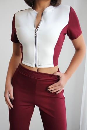 Kadın Hakim Yaka Fermuarlı ve Garnili Crop Üst Alt Modal Takım