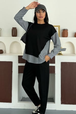 Kadın Çizgili Uzun Kollu Gömlek Detaylı Yuvarlak Yaka Sweatshirt Modal Takım