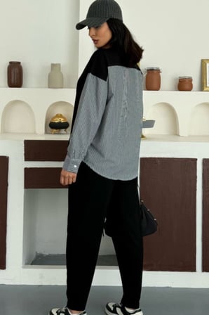Kadın Çizgili Uzun Kollu Gömlek Detaylı Yuvarlak Yaka Sweatshirt Modal Takım