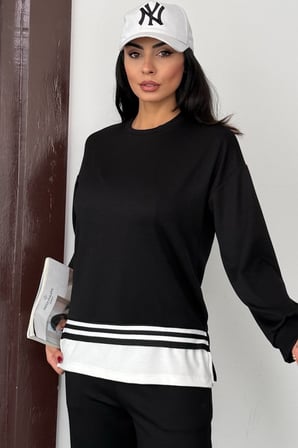 Kadın Yanı Yırtmaçlı İ̇Nce Şerit Detaylı Uzun Kol Sweatshirt Modal Takım