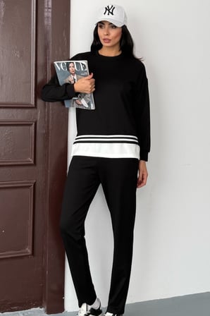 Kadın Yanı Yırtmaçlı İ̇Nce Şerit Detaylı Uzun Kol Sweatshirt Modal Takım