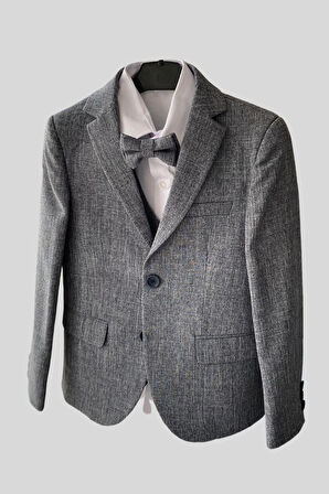 Ceketli Yelekli Papyonlu Erkek Çocuk Takım Elbise Gri