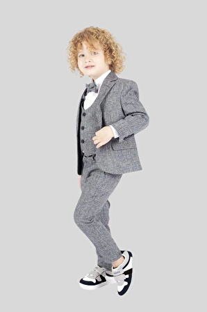 Ceketli Yelekli Papyonlu Erkek Çocuk Takım Elbise Gri