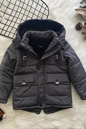 Kapüşonlu Reflektör Detay Çift Cepli Erkek Çocuk Mont Füme 