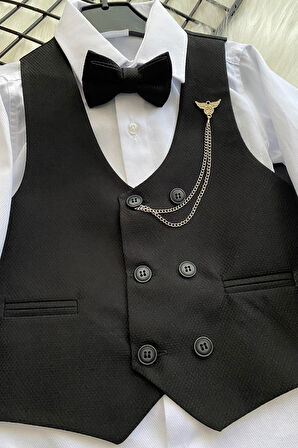 Zincir Detay Çift Düğmeli Erkek Çocuk Takım Elbise Siyah