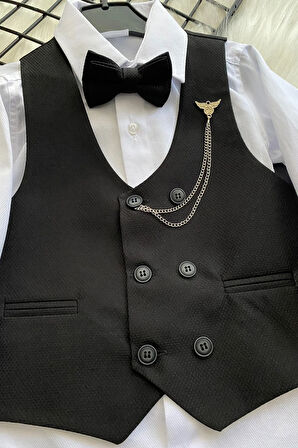 Zincir Detay Çift Düğmeli Erkek Çocuk Takım Elbise Siyah