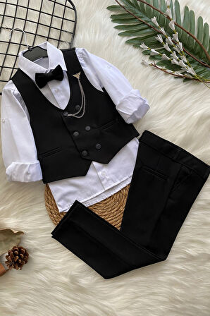 Zincir Detay Çift Düğmeli Erkek Çocuk Takım Elbise Siyah