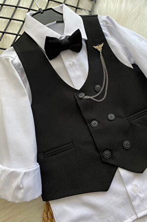 Zincir Detay Çift Düğmeli Erkek Çocuk Takım Elbise Siyah