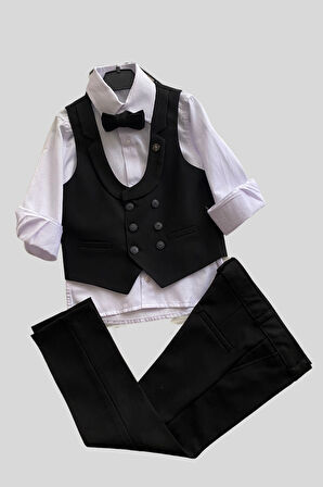 Katlama Detay Yelekli Rozetli Çocuk Takım Elbise Siyah