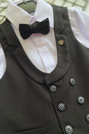 Katlama Detay Yelekli Rozetli Çocuk Takım Elbise Siyah