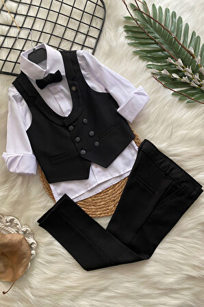 Katlama Detay Yelekli Rozetli Çocuk Takım Elbise Siyah