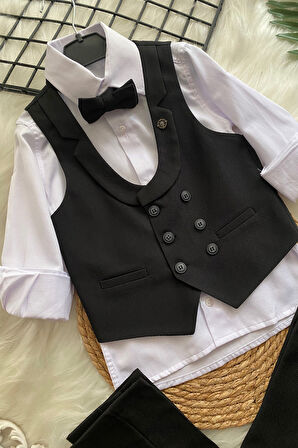 Katlama Detay Yelekli Rozetli Çocuk Takım Elbise Siyah