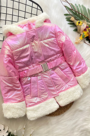 Beli Kemer Detay Kürklü Kız Çocuk Parlak Mont Pembe