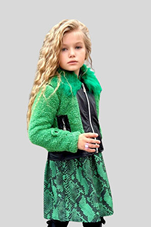 Peluş Ceketli Kız Çocuk Elbise Yeşil