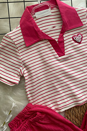 8-14 Yaş Polo Yaka Çizgili Crop Fuşya 