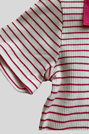 8-14 Yaş Polo Yaka Çizgili Crop Fuşya 