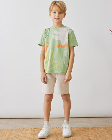 4-8 Yaş Boya Baskı Tişört Şort Erkek Çocuk Takım Su Yeşili 