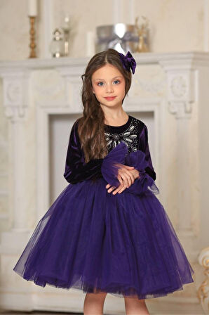 Taş Detay Uzun Kol Kız Çocuk abiye Elbise Mor