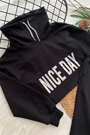 Nice Day Balıkçı Yaka Kız Çocuk Eşofman Takımı Siyah