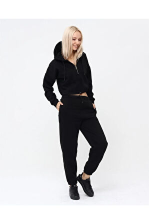 Yarım Fermuarlı Kapüşonlu Crop Sweatshirt 5502s