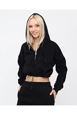 Yarım Fermuarlı Kapüşonlu Crop Sweatshirt 5502s
