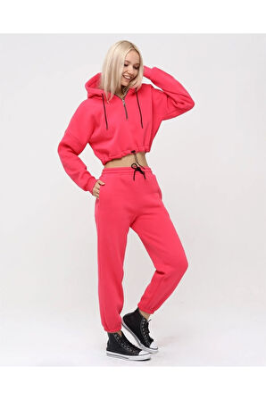 Yarım Fermuarlı Kapüşonlu Crop Sweatshirt 5502f