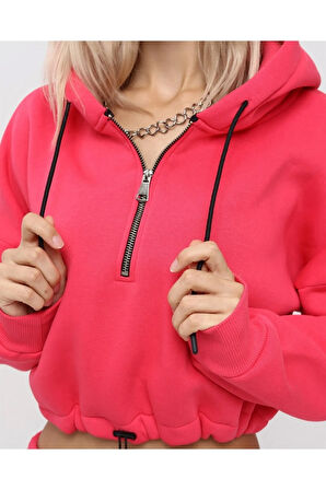 Yarım Fermuarlı Kapüşonlu Crop Sweatshirt 5502f