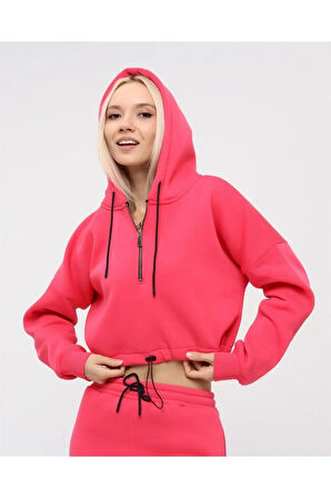 Yarım Fermuarlı Kapüşonlu Crop Sweatshirt 5502f