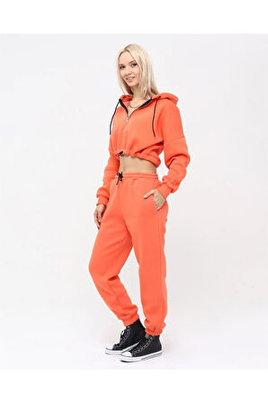 Yarım Fermuarlı Kapüşonlu Crop Sweatshirt 5502t