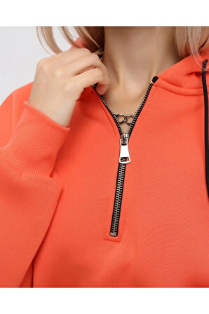 Yarım Fermuarlı Kapüşonlu Crop Sweatshirt 5502t