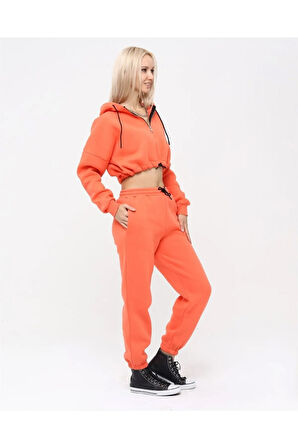 Yarım Fermuarlı Kapüşonlu Crop Sweatshirt 5502t