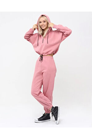 Yarım Fermuarlı Kapüşonlu Crop Sweatshirt 5502p