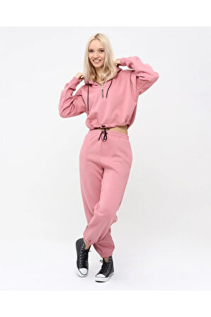 Yarım Fermuarlı Kapüşonlu Crop Sweatshirt 5502p