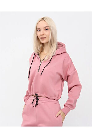 Yarım Fermuarlı Kapüşonlu Crop Sweatshirt 5502p