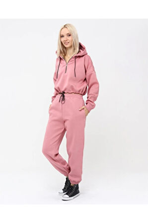 Yarım Fermuarlı Kapüşonlu Crop Sweatshirt 5502p