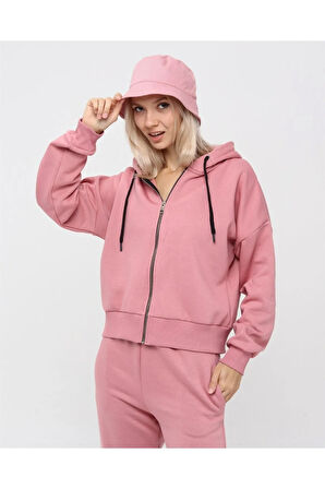 Kadın Tam Fermuarlı Crop Sweatshirt 5503p