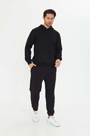 Şardonsuz 3 iplik Pamuklu Basic Kapüşonlu Unisex Eşofman Takımı 5737