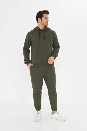 Şardonsuz 3 iplik Pamuklu Basic Kapüşonlu Unisex Eşofman Takımı 5737