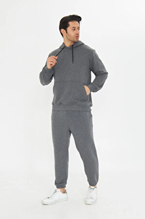 Şardonsuz 3 iplik Pamuklu Basic Kapüşonlu Unisex Eşofman Takımı 5737