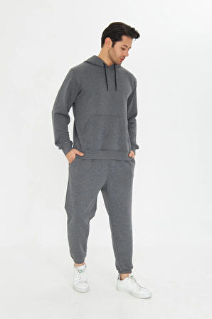 Şardonsuz 3 iplik Pamuklu Basic Kapüşonlu Unisex Eşofman Takımı 5737