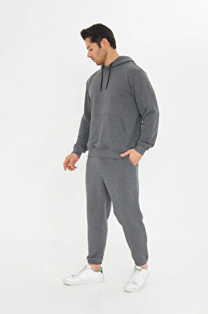 Şardonsuz 3 iplik Pamuklu Basic Kapüşonlu Unisex Eşofman Takımı 5737