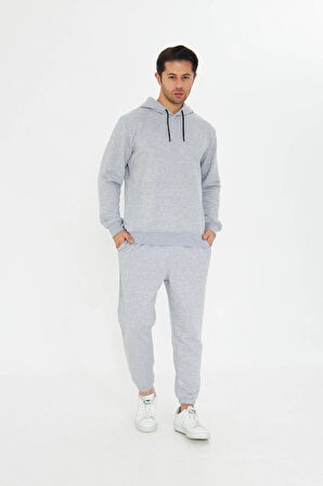 Şardonsuz 3 iplik Pamuklu Basic Kapüşonlu Unisex Eşofman Takımı 5737