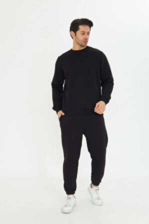 Şardonsuz 3 iplik Pamuklu Basic Bisiklet Yaka Unisex Eşofman Takımı 5738