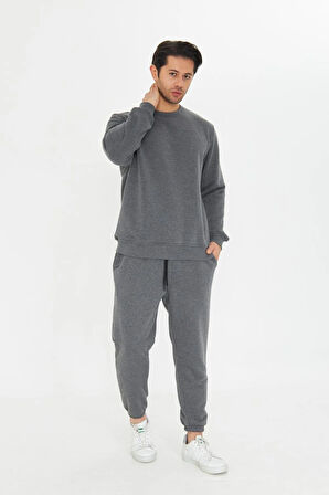 Şardonsuz 3 iplik Pamuklu Basic Bisiklet Yaka Unisex Eşofman Takımı 5738