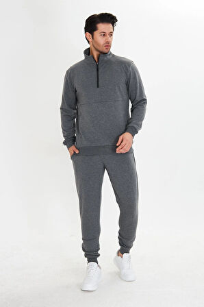 Yarım Fermuarlı Pamuklu Erkek Eşofman Takımı Siyah 5709-S