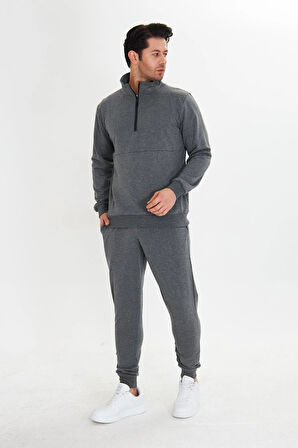 Yarım Fermuarlı Pamuklu Erkek Eşofman Takımı Siyah 5709-S