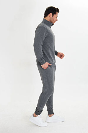 Yarım Fermuarlı Pamuklu Erkek Eşofman Takımı Siyah 5709-S