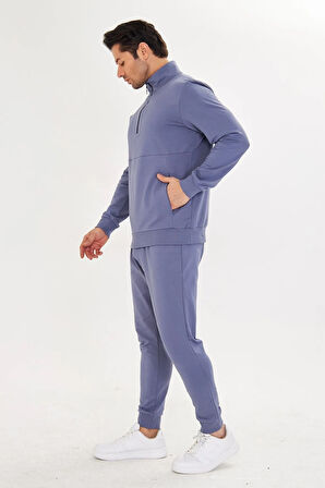 Yarım Fermuarlı Pamuklu Erkek Eşofman Takımı Siyah 5709-S